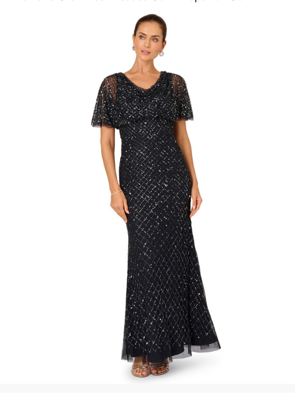 Adrianna Papell Black Beaded Cowl Drape Maxi Gown